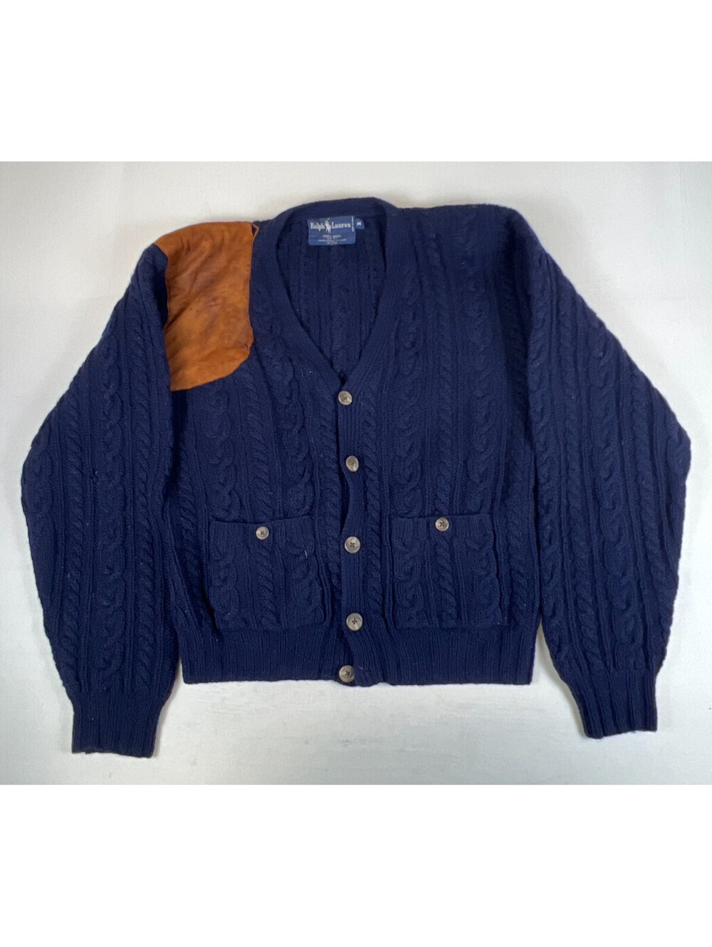 VTGRalph Lauren Men M Blue Wool Cable Knit Cardigan Suede Shoulder Patch Sweater